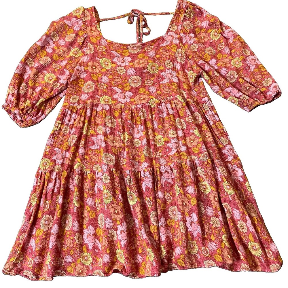 Babydoll Tiered Floral Mini Dress Sz M Orange Yellow Balloon Sleeve Beach Boho - Picture 6 of 13